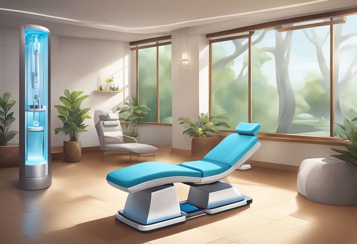 A serene spa setting with a reclined treatment chair, a HydraFacial machine, and a serene atmosphere