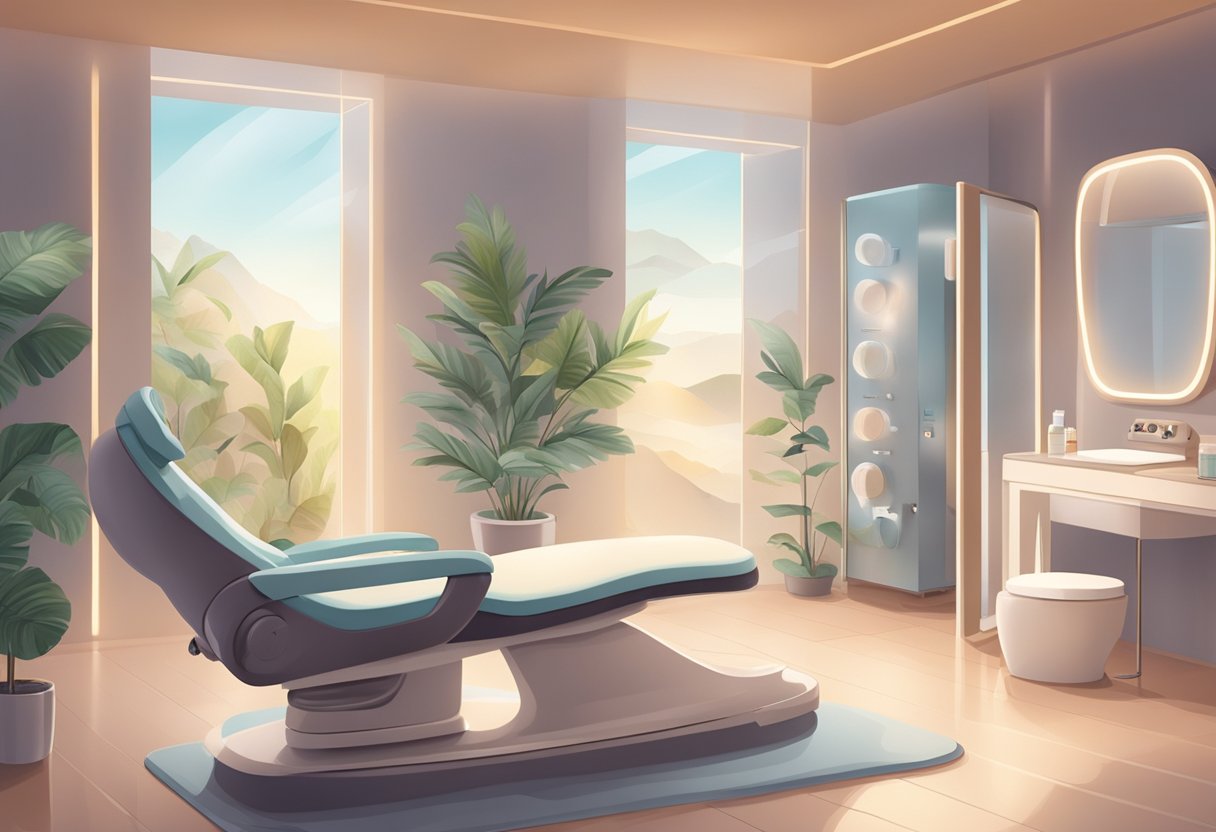 A serene spa room with a comfortable treatment chair, a professional skincare machine, and soft ambient lighting