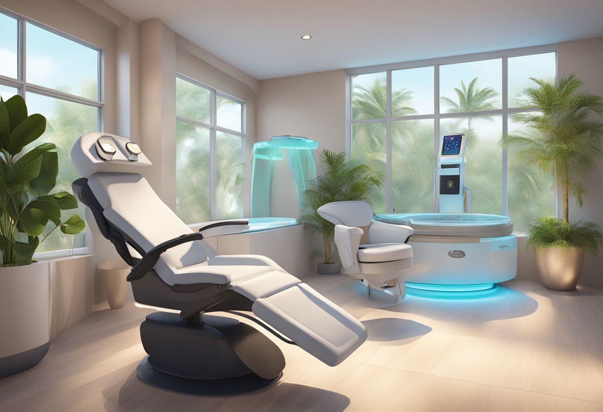 A serene spa room with a reclining chair, soft lighting, and a HydraFacial machine ready for use