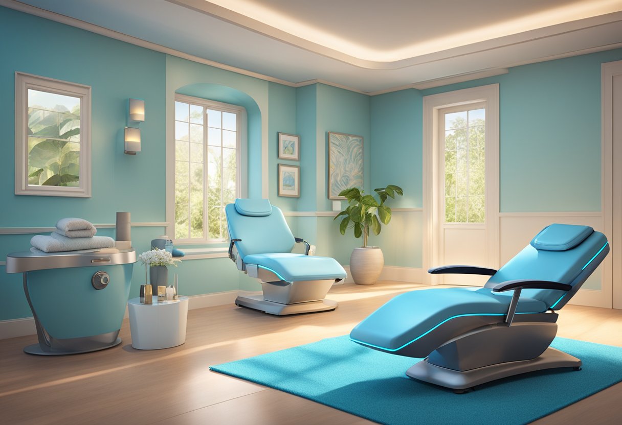 A serene spa room with a reclining treatment chair, a HydraFacial machine, and soft lighting creating a relaxing atmosphere