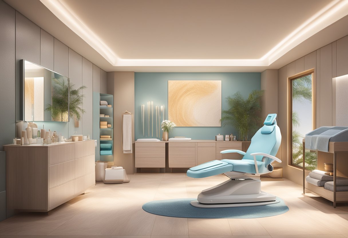 A serene spa room with a reclining treatment chair, soft lighting, and a HydraFacial machine next to a table of skincare products