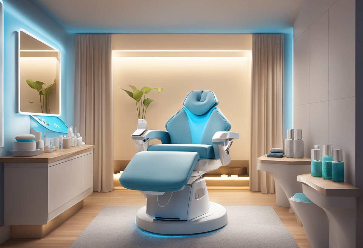 A serene spa room with a comfortable treatment chair, soft lighting, and a HydraFacial machine. A serene spa room with a comfortable treatment chair, soft lighting, and a HydraFacial machine