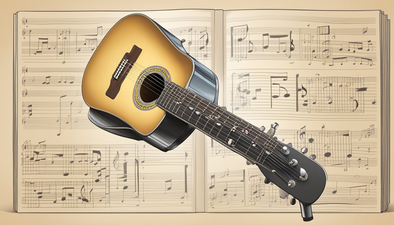 A guitar sheet music book open on a stand with musical notes and chords, a guitar resting against it, and a pencil for marking notes