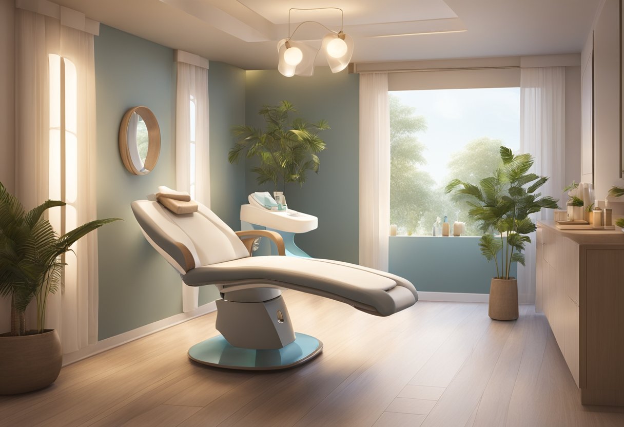 A serene spa room with a comfortable treatment chair, soft lighting, and a HydraFacial machine. A calm and inviting atmosphere with a focus on skincare