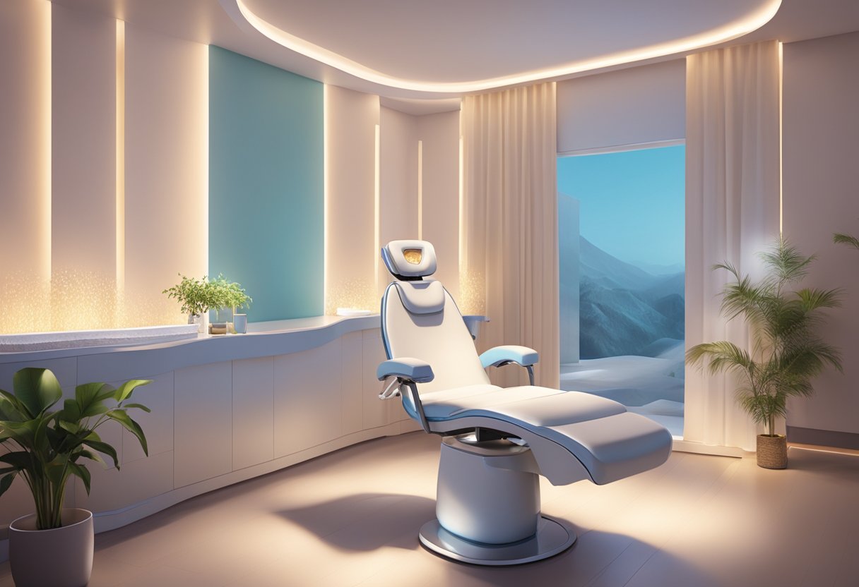 A serene spa room with a reclining treatment chair, a glowing HydraFacial machine, and soft ambient lighting creating a soothing atmosphere