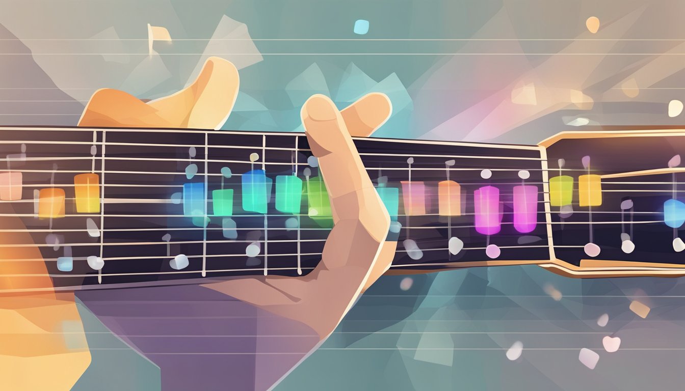 A guitar fretboard with fingers pressing down on different notes