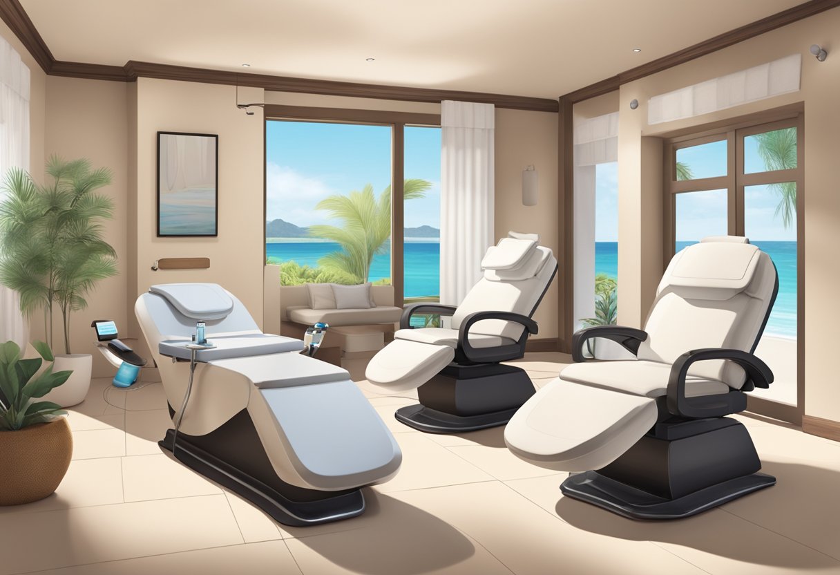 A serene, spa-like setting with a reclining treatment chair and a professional skincare device targeting dark spots on a variety of skin tones