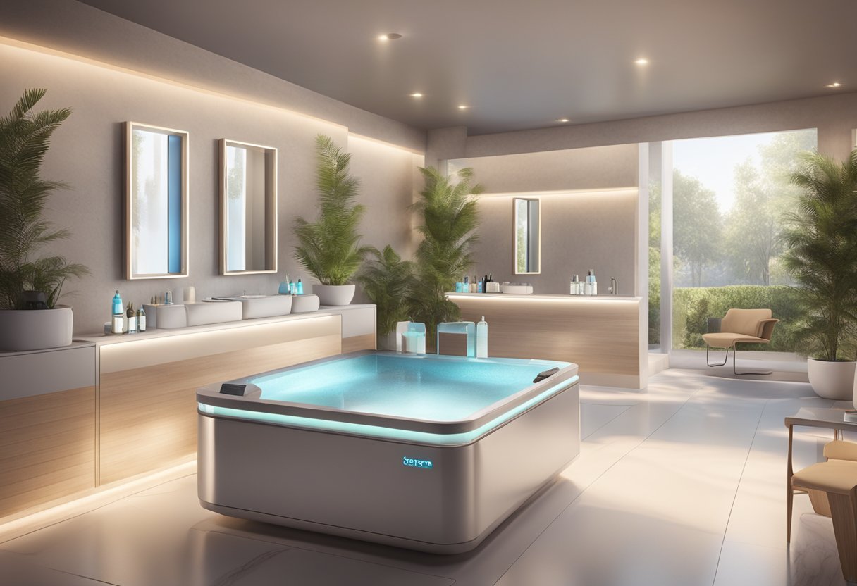 A serene spa room with a HydraFacial machine and skincare products on a sleek, modern counter. Soft lighting and a tranquil atmosphere convey a sense of relaxation and rejuvenation