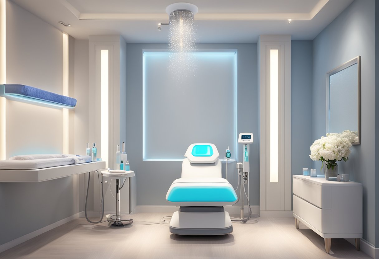 A serene spa room with a HydraFacial machine and Botox injections displayed on a clean, white table. Soft lighting and calming decor create a peaceful atmosphere