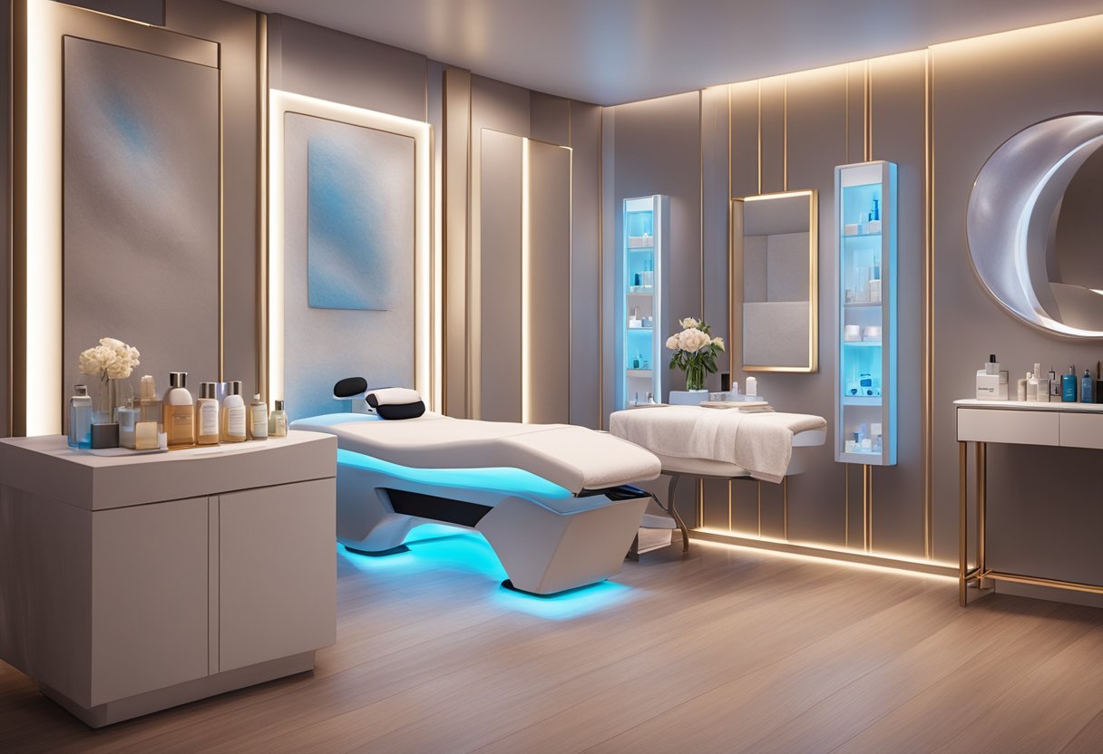 A serene spa room with a HydraFacial machine next to a Botox injection station, surrounded by luxurious skincare products and soft ambient lighting