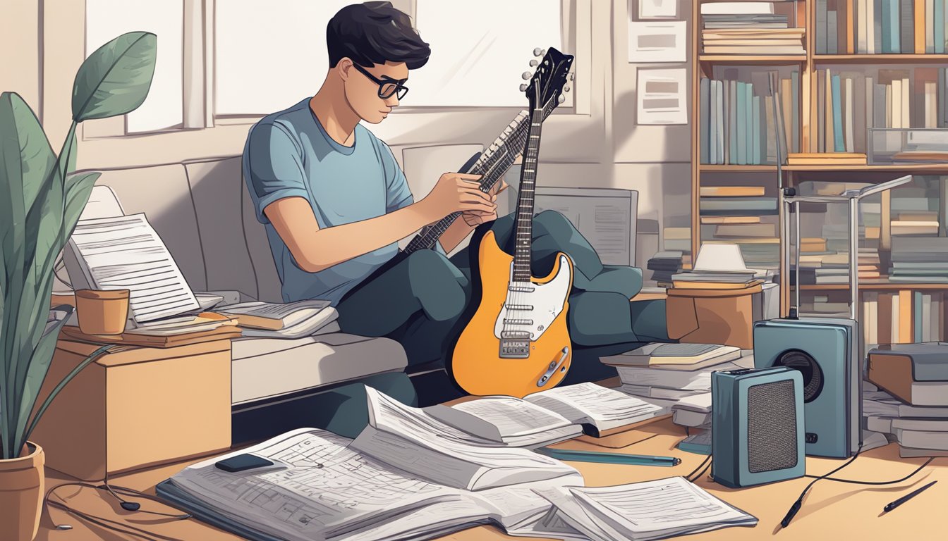 A person sitting with an electric guitar, surrounded by music sheets, a metronome, and instructional books.</p><p>A computer with online tutorials is on the desk