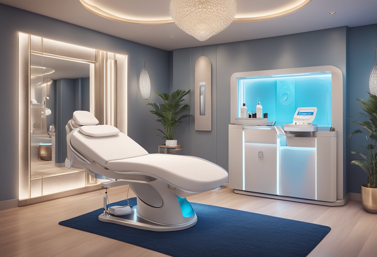 A serene spa room with a luxurious HydraFacial machine alongside a Botox injection setup, surrounded by elegant skincare products and soft ambient lighting