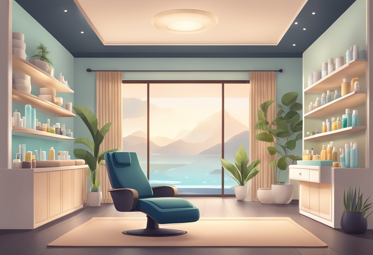 A serene spa room with a reclining chair, soft lighting, and shelves of skincare products. A serene spa room with a reclining chair, soft lighting, and shelves of skincare products