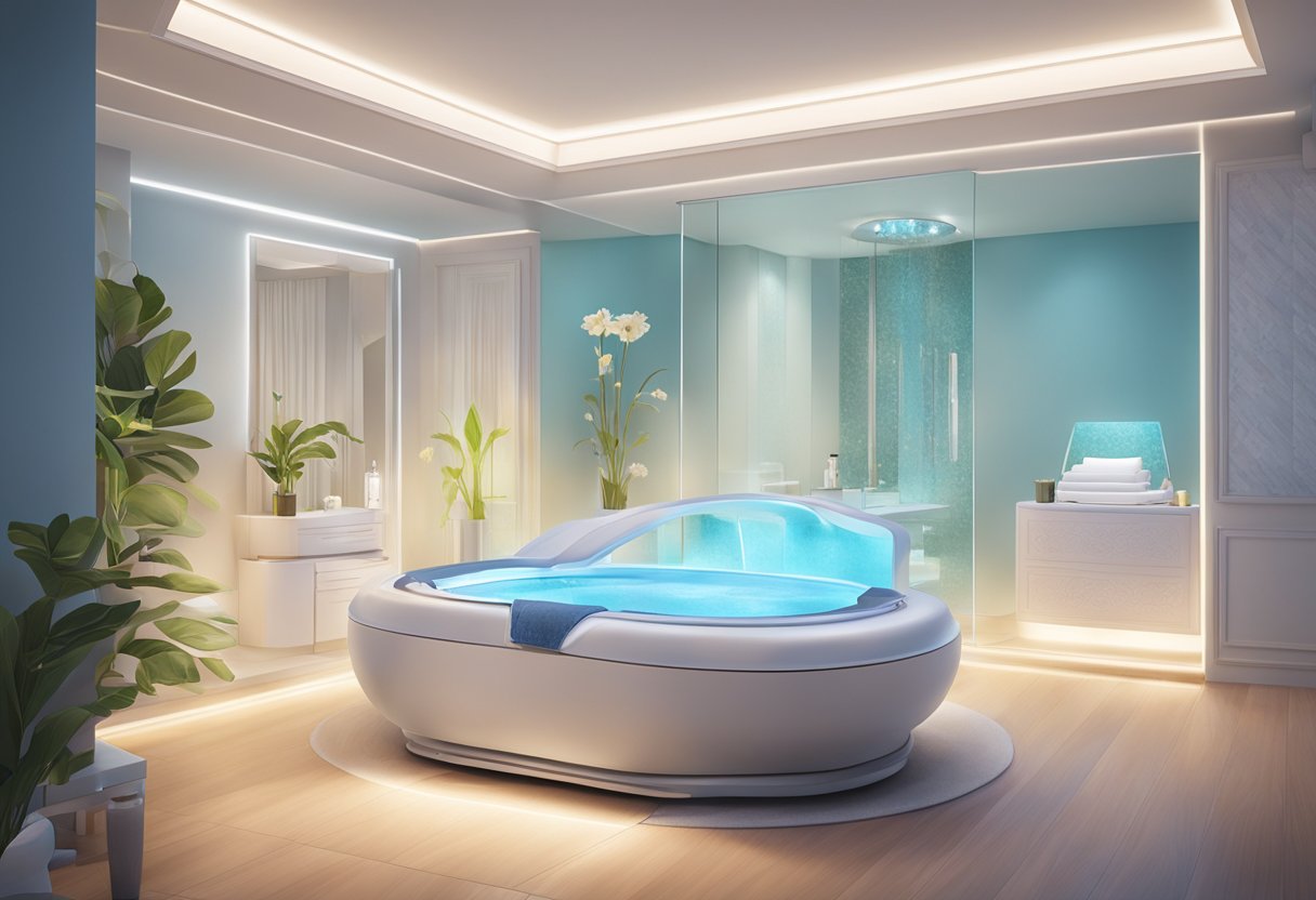 A serene spa room with a HydraFacial machine, soft lighting, and a calming atmosphere