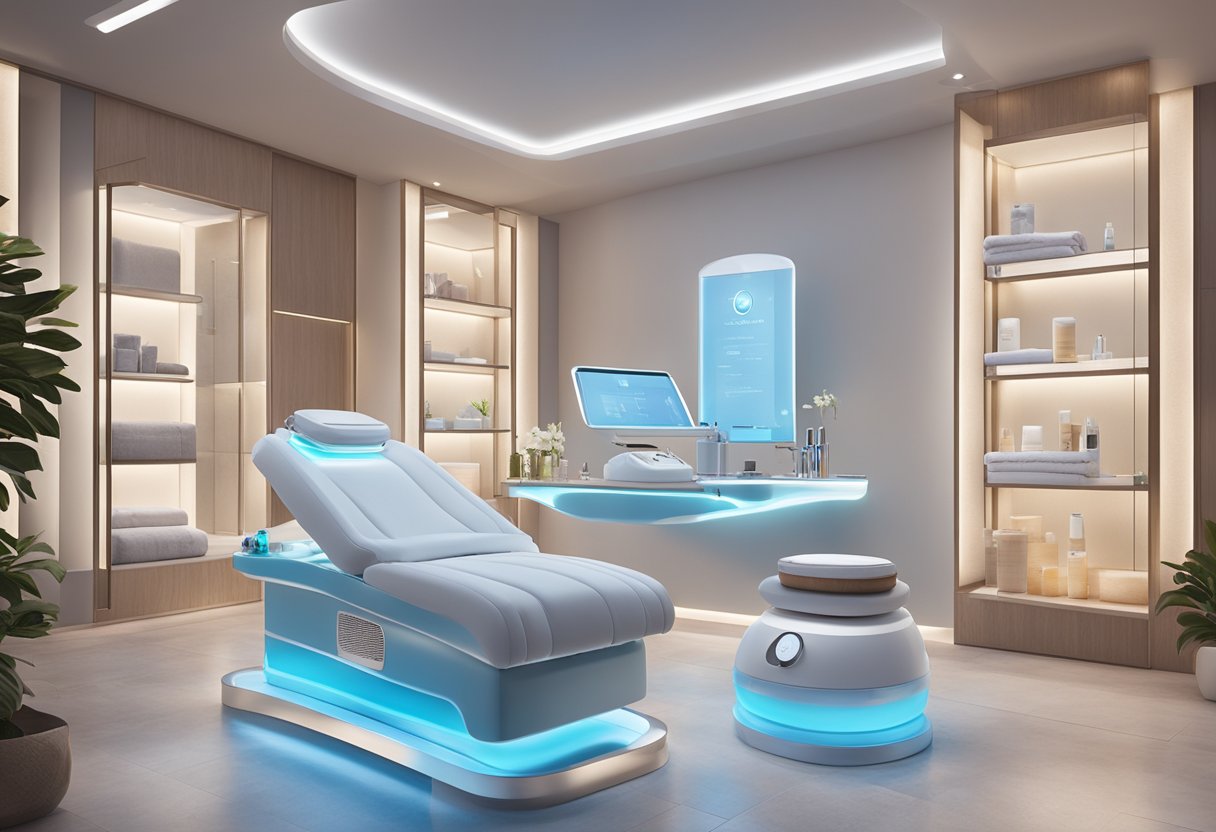 A serene spa setting with a table holding the HydraFacial machine and various skincare products. Soft lighting and calming music create a relaxing atmosphere