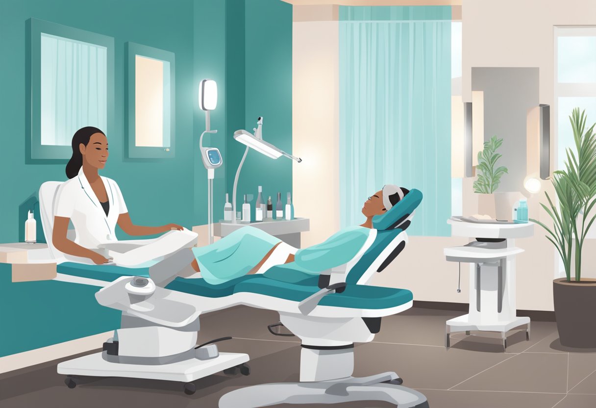 A serene spa room with soft lighting, a comfortable treatment chair, and a professional aesthetician performing a HydraFacial on a client with rosacea