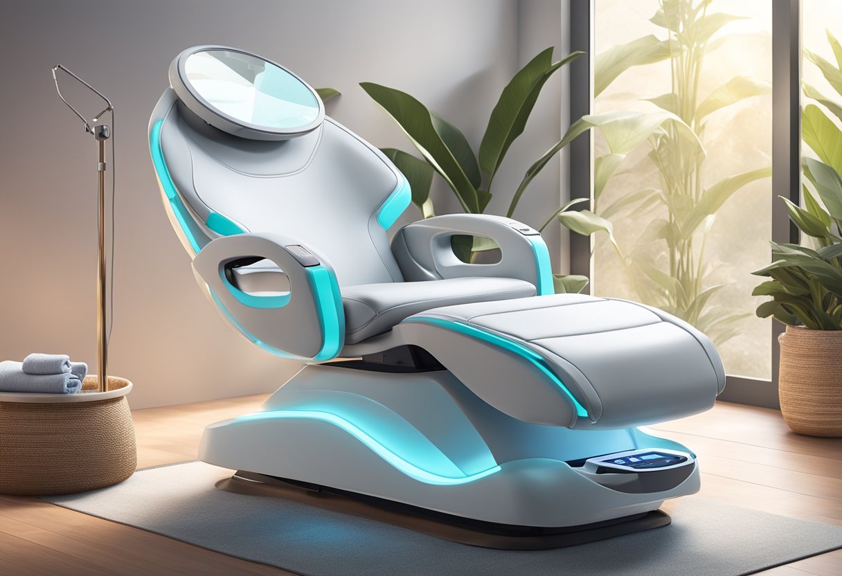 A serene, spa-like setting with a reclined chair, soothing music, and a glowing HydraFacial machine in the background