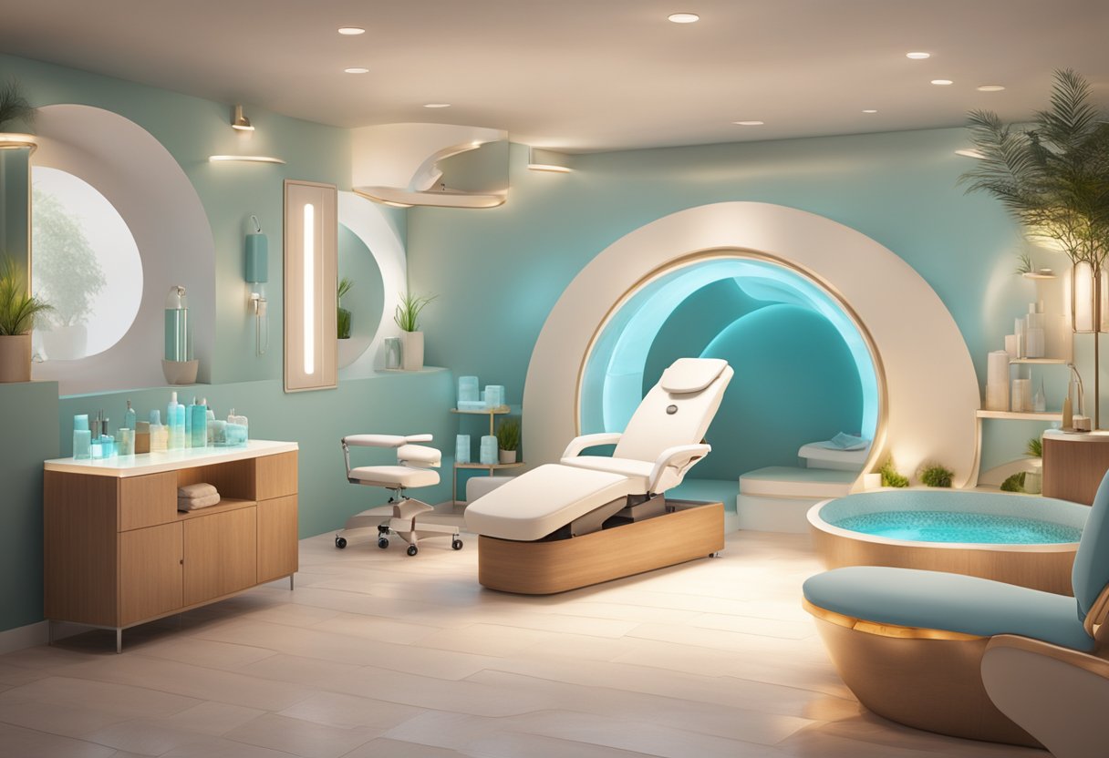 A serene spa room with a reclining treatment chair, soft lighting, and a HydraFacial machine set up for a hyperpigmentation treatment