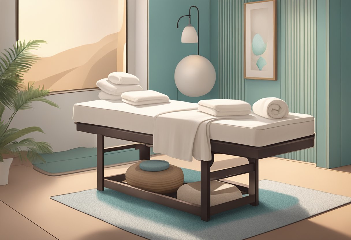 A serene spa room with a comfortable treatment bed, soft lighting, and a tray of skincare products for post-treatment care