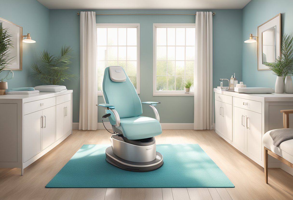 A serene spa room with a comfortable treatment chair, soft lighting, and a HydraFacial machine set up for a hyperpigmentation treatment