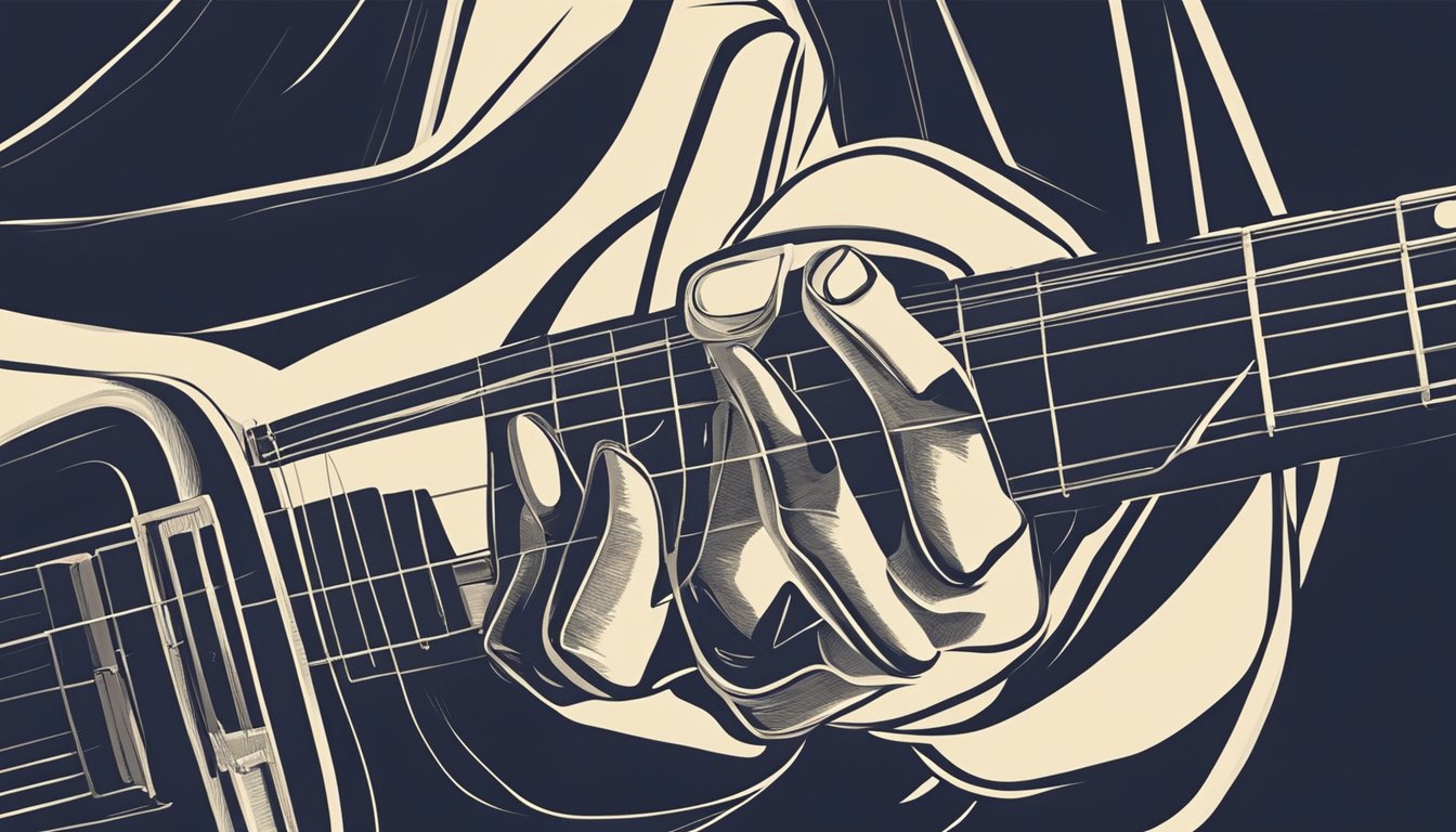 A hand strums a guitar, fingers pressing down on the strings to form a chord