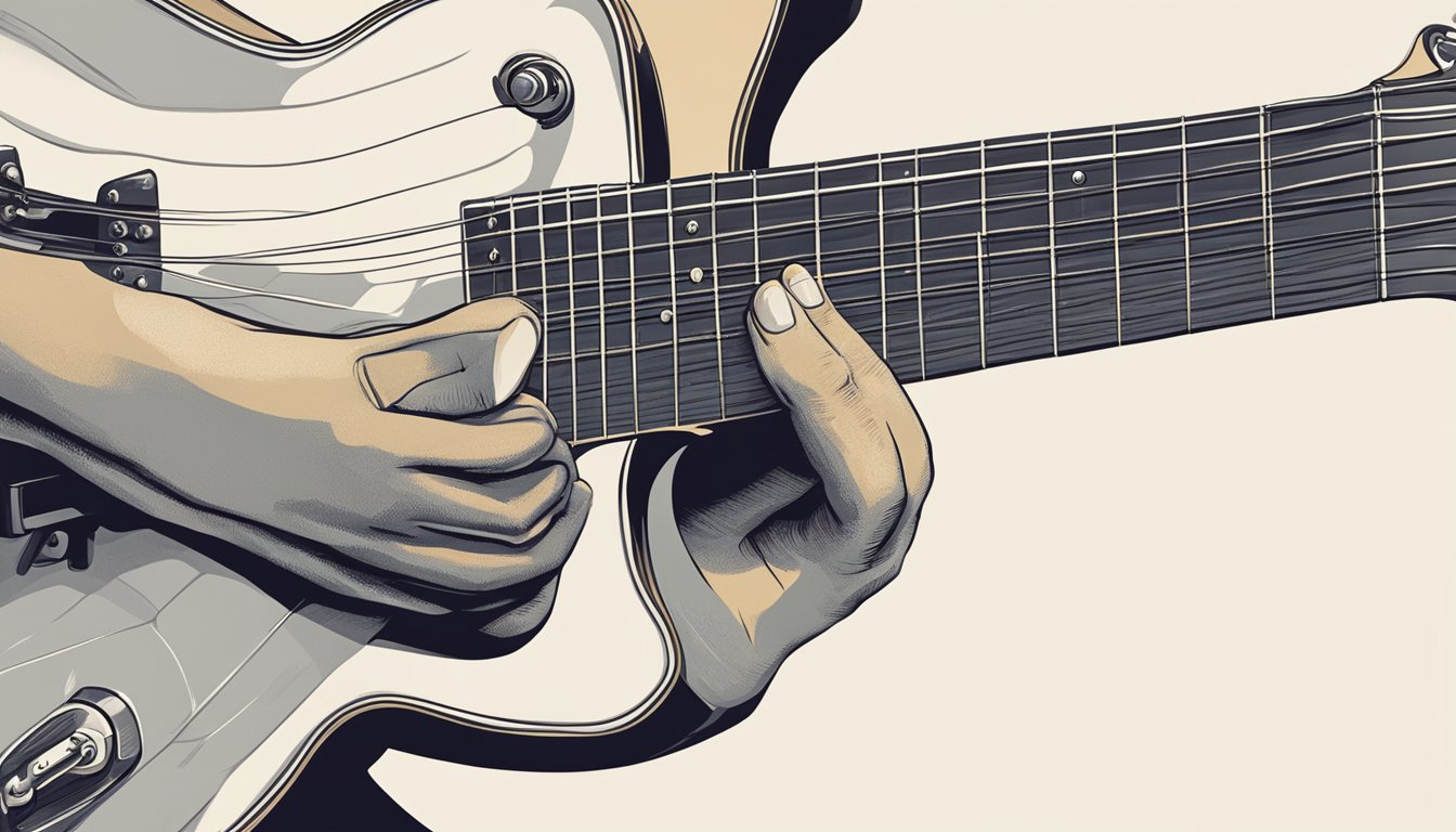 A hand strums a guitar, pressing down multiple strings to create a chord