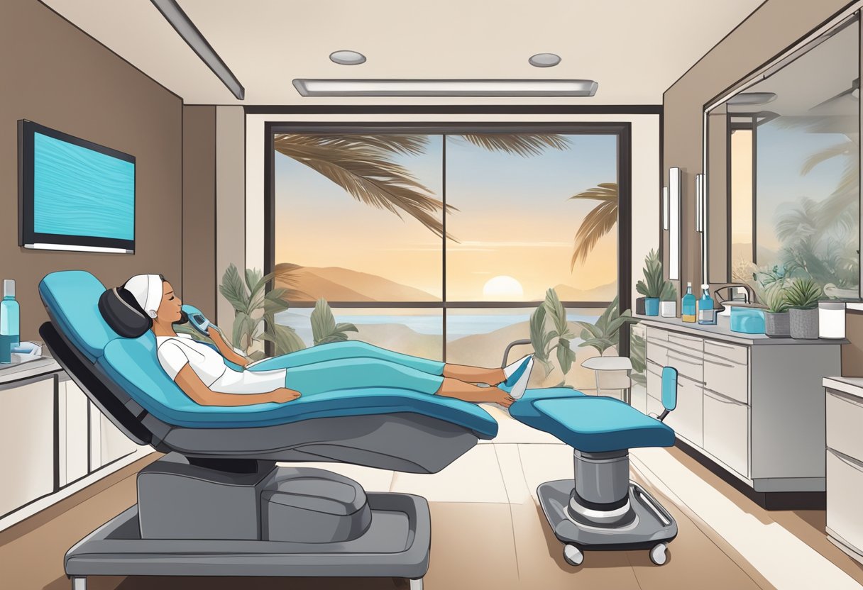 A client reclines in a chair as a esthetician administers a HydraFacial, using a machine to cleanse, exfoliate, extract, and hydrate the skin