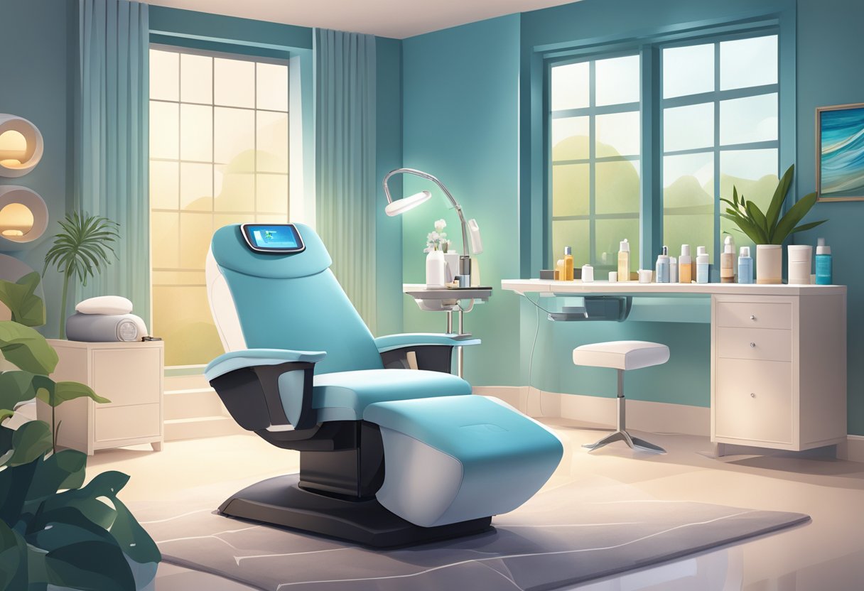 A serene spa room with a reclining chair, soft ambient lighting, and a HydraFacial machine in the center, surrounded by skincare products and tools