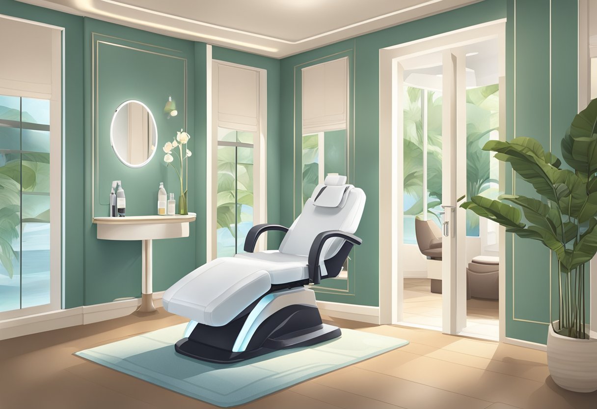 A serene spa room with a reclining chair, soft lighting, and a HydraFacial machine. A skilled esthetician administers the treatment with precision and care