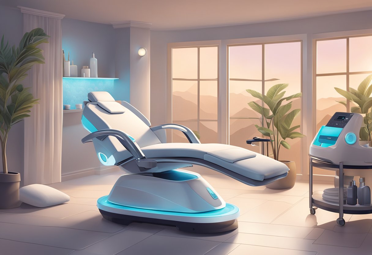 A serene spa room with a reclining chair, a glowing HydraFacial machine, and soft ambient lighting. Aesthetician's tools and products neatly arranged on a cart