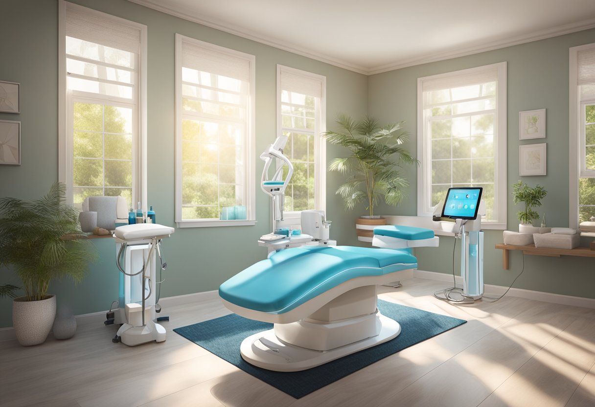 A serene spa room with a comfortable treatment chair, soft lighting, and a table set with HydraFacial equipment and products