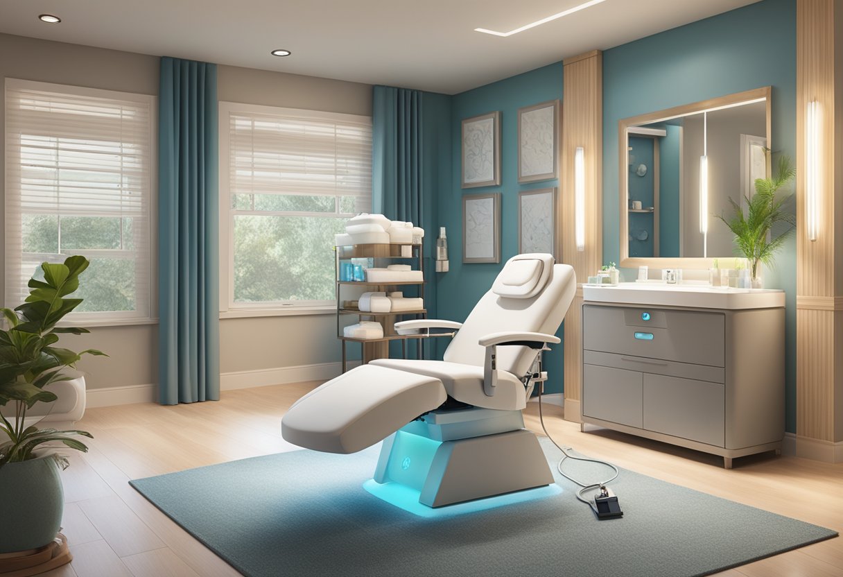 A serene spa room with a comfortable treatment chair, soft lighting, and a table displaying HydraFacial equipment and products