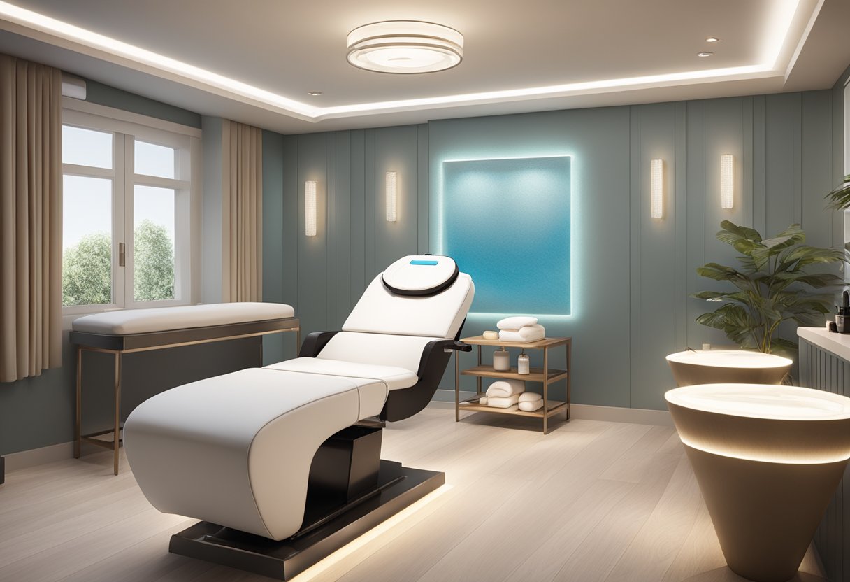 A serene spa room with a comfortable treatment chair, soft lighting, and a table of skincare products set up for a HydraFacial treatment