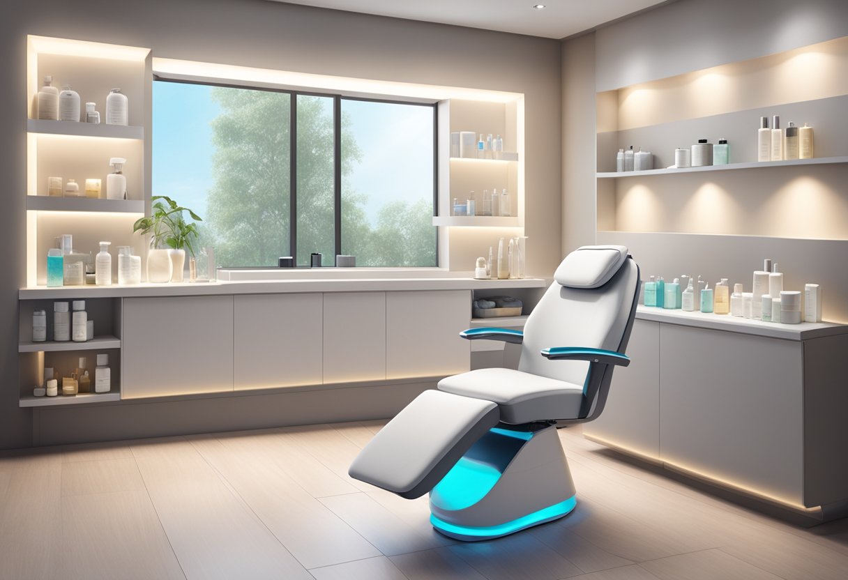 A serene spa room with a comfortable treatment chair, soft lighting, and shelves of skincare products. A professional HydraFacial machine sits ready for use