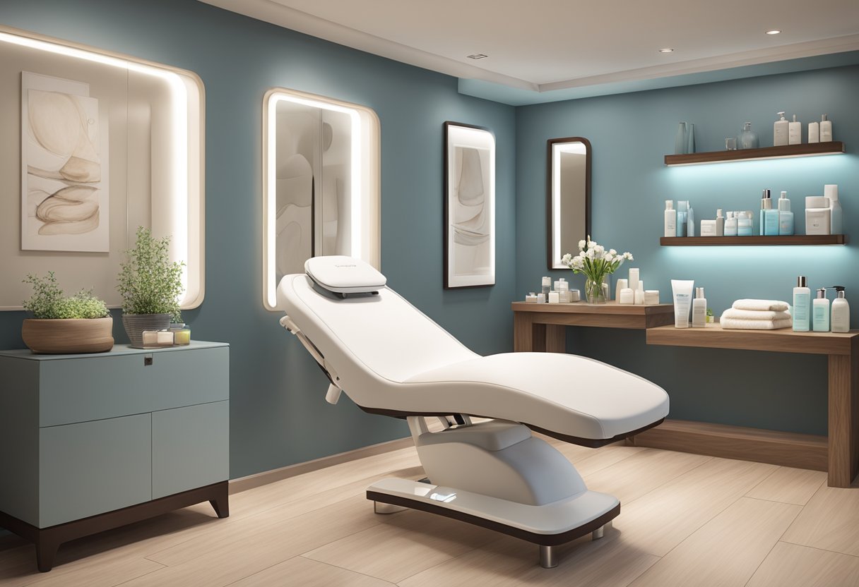 A serene spa room with a comfortable treatment chair, soft lighting, and a table displaying skincare products and tools for a HydraFacial treatment