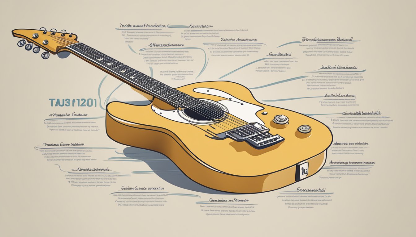 A guitar with a list of practice topics floating above it