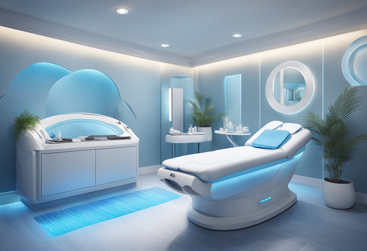 A serene spa room with a HydraFacial machine surrounded by soothing blue and white decor, with soft lighting and a tranquil ambiance