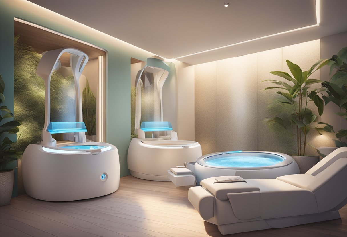 A serene spa room with a sleek HydraFacial machine, soft lighting, and a tranquil atmosphere