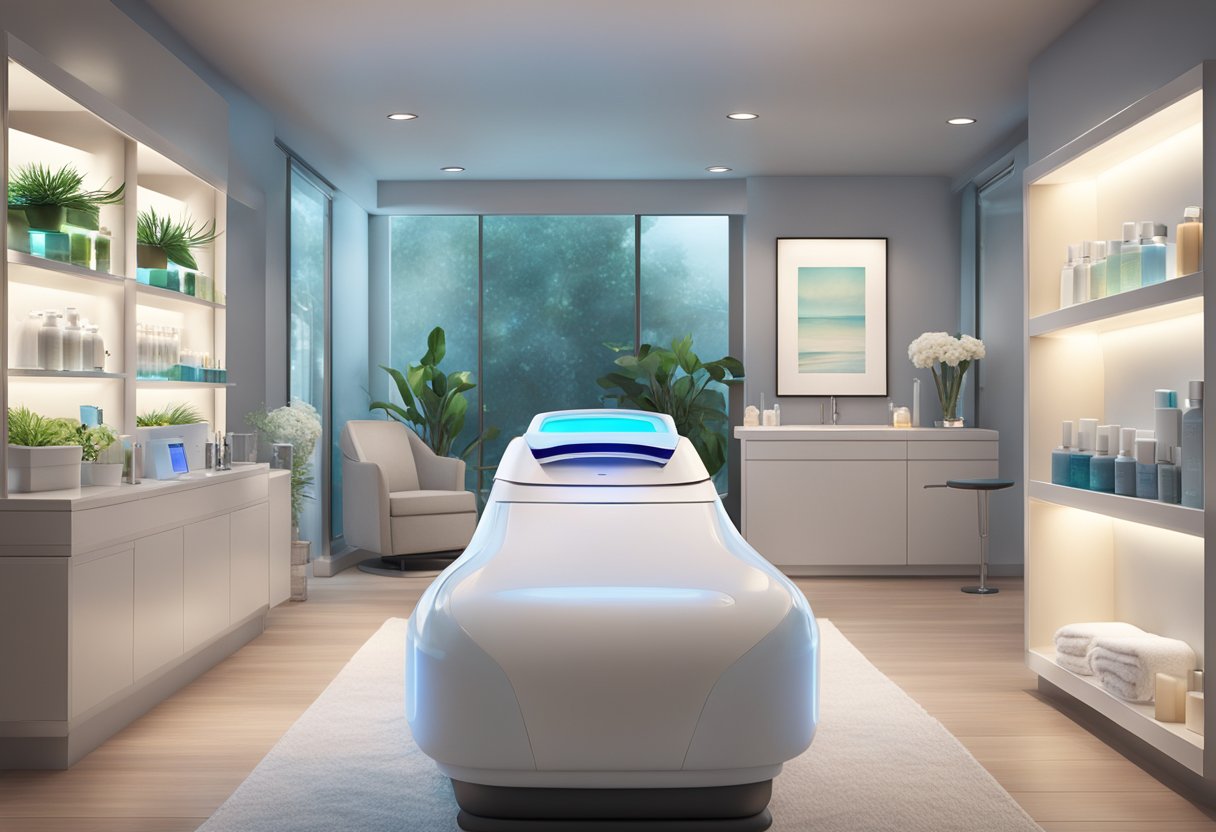 A serene spa room with a sleek HydraFacial machine, soft lighting, and shelves of skincare products