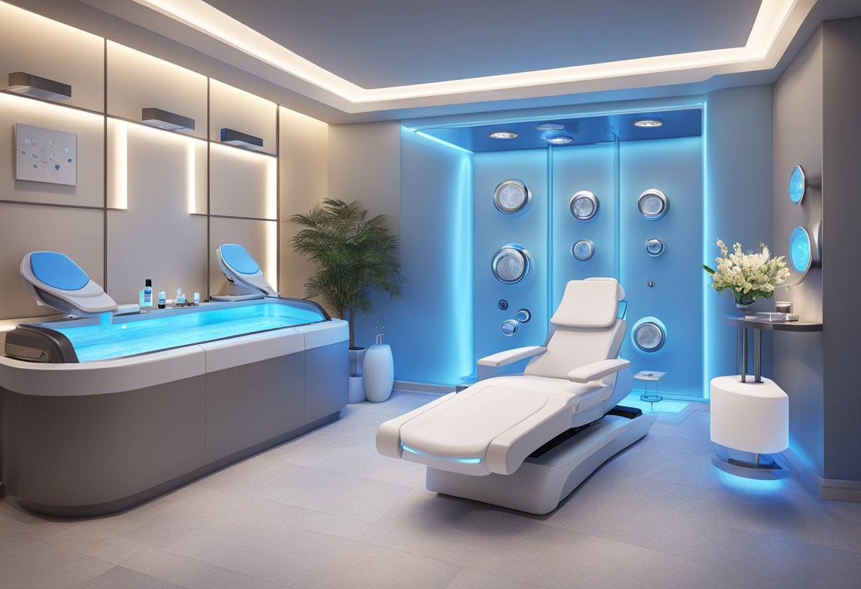 A serene spa room with a sleek HydraFacial machine and soothing blue LED lights, contrasting with traditional facials equipment