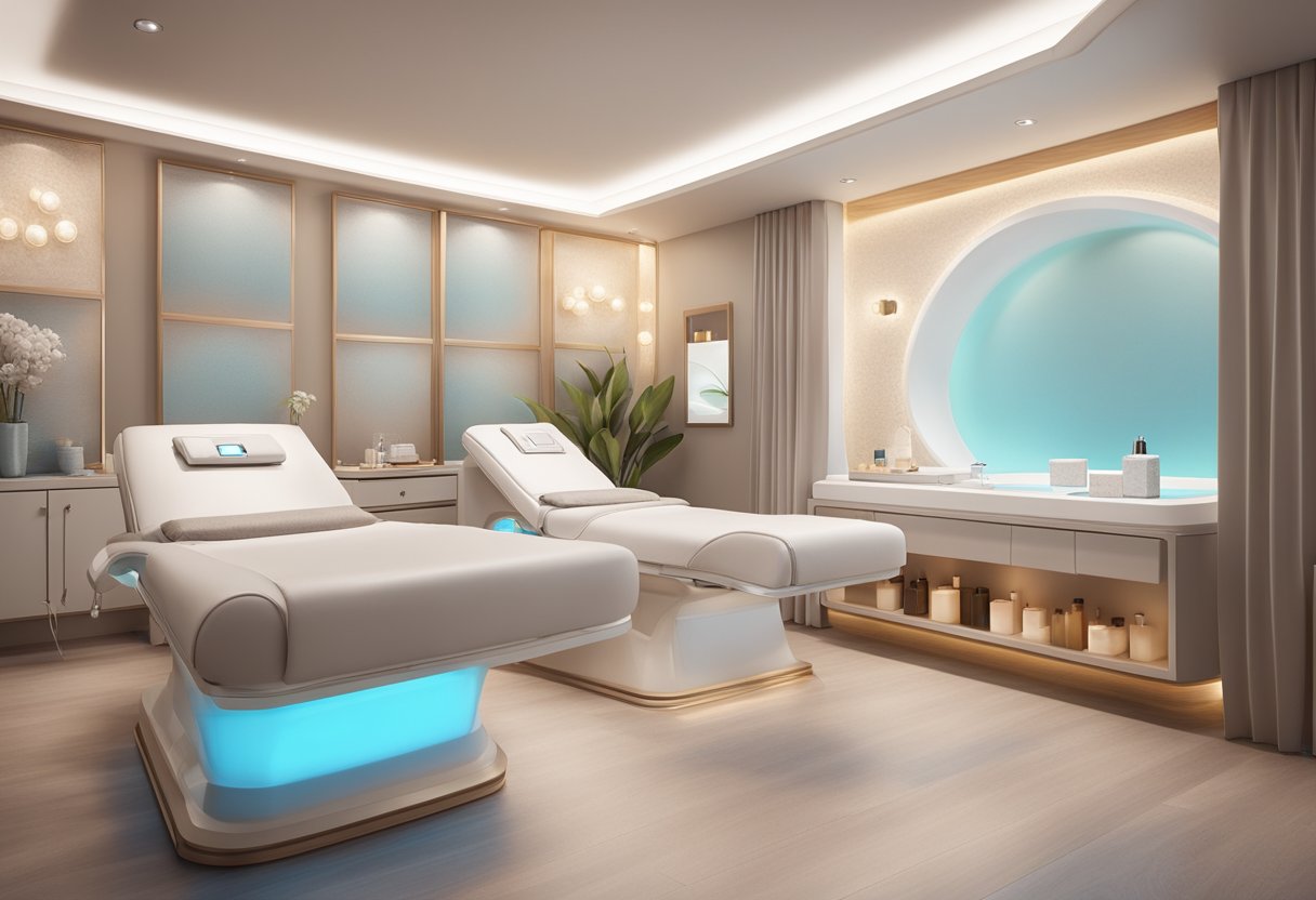 A serene spa room with a comfortable treatment bed, soft lighting, and a sleek HydraFacial machine in the corner, surrounded by luxurious skincare products