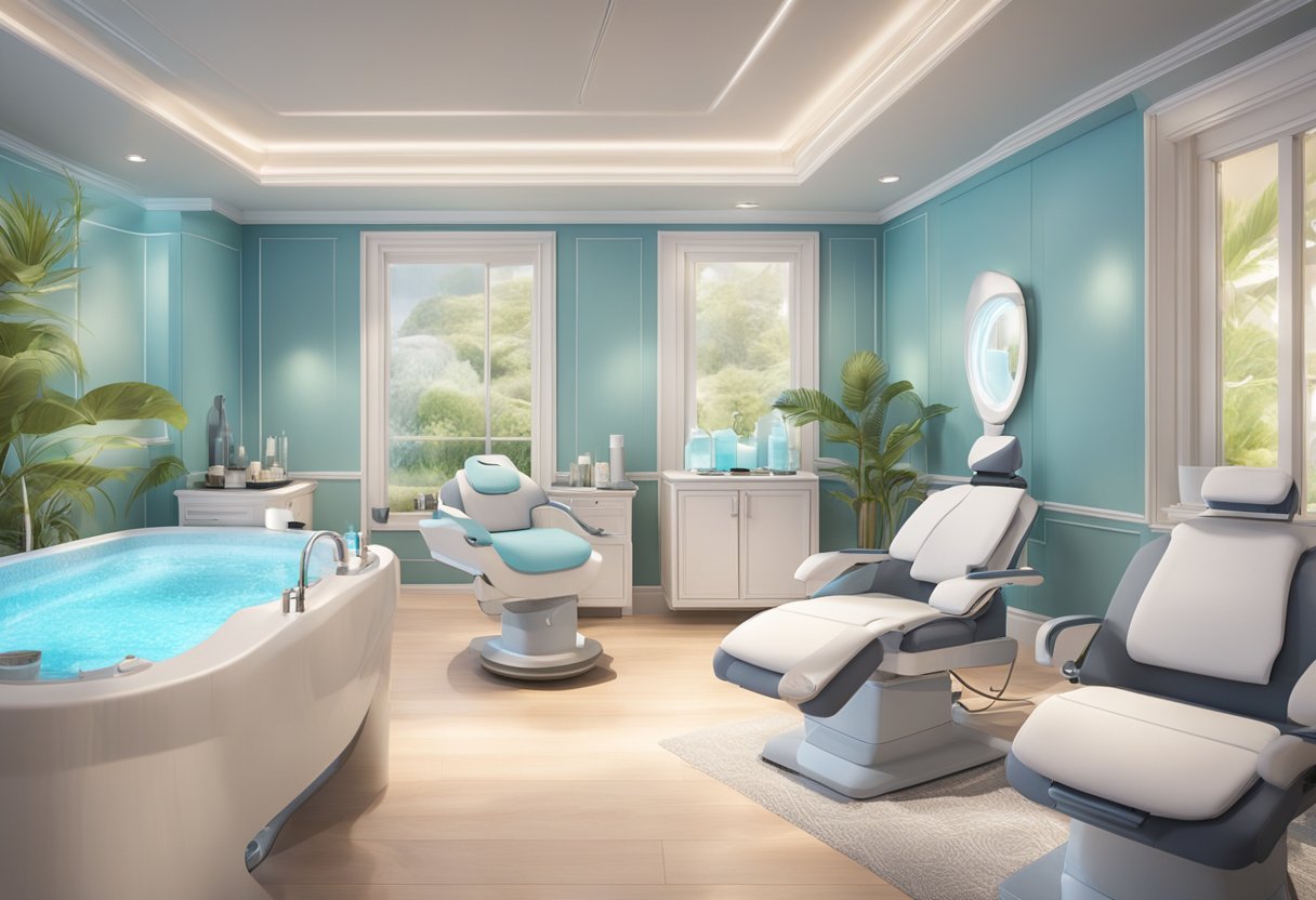 A serene spa room with a comfortable treatment chair, soft lighting, and a HydraFacial machine ready for use