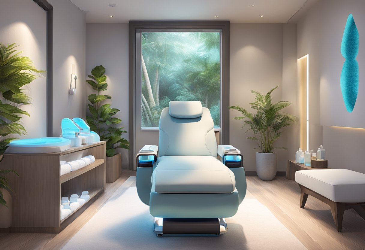 A serene spa room with a reclining chair and a sleek HydraFacial machine, surrounded by soft lighting and calming decor