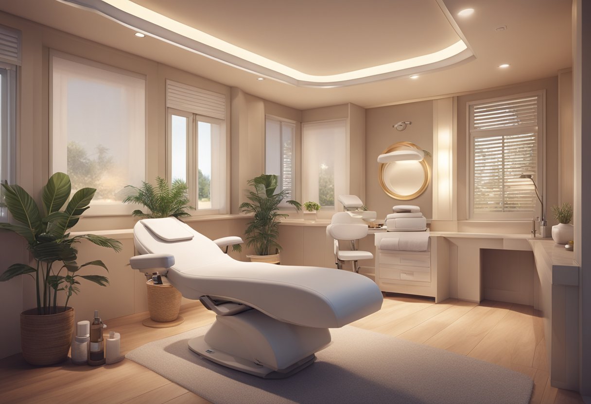 A serene spa room with a comfortable treatment chair, soft lighting, and a professional skincare machine