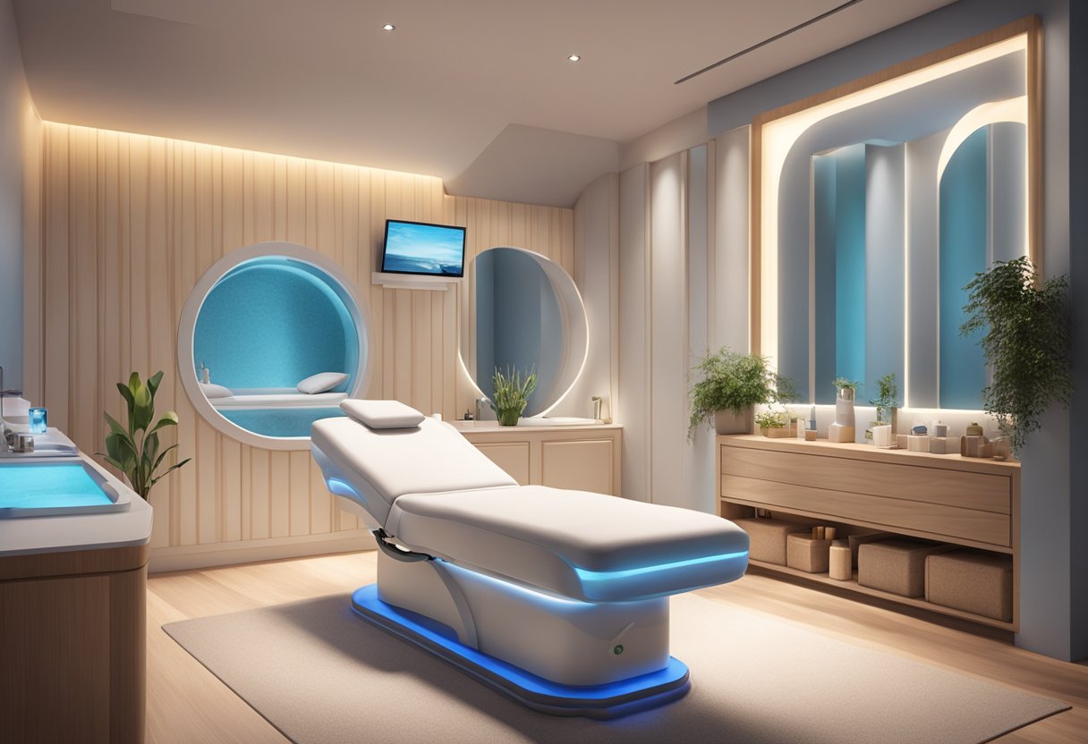 A serene spa room with a comfortable treatment bed, soft lighting, and a HydraFacial machine ready for use