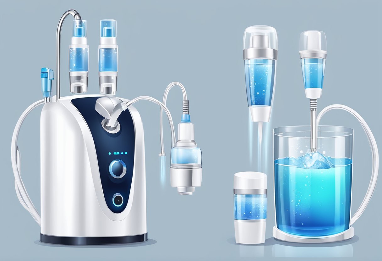 A HydraFacial machine sprays and suctions water and serums to cleanse and hydrate the skin, with a clear tube and various nozzles