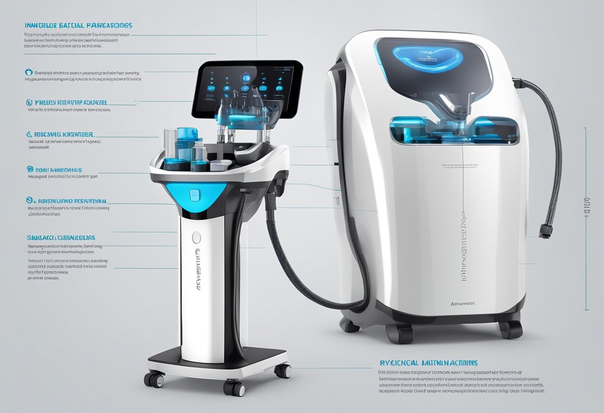 A HydraFacial machine gently exfoliates and cleanses the skin, while simultaneously infusing it with hydrating serums. The machine's sleek design and multiple attachments are used by a technician to perform the treatment