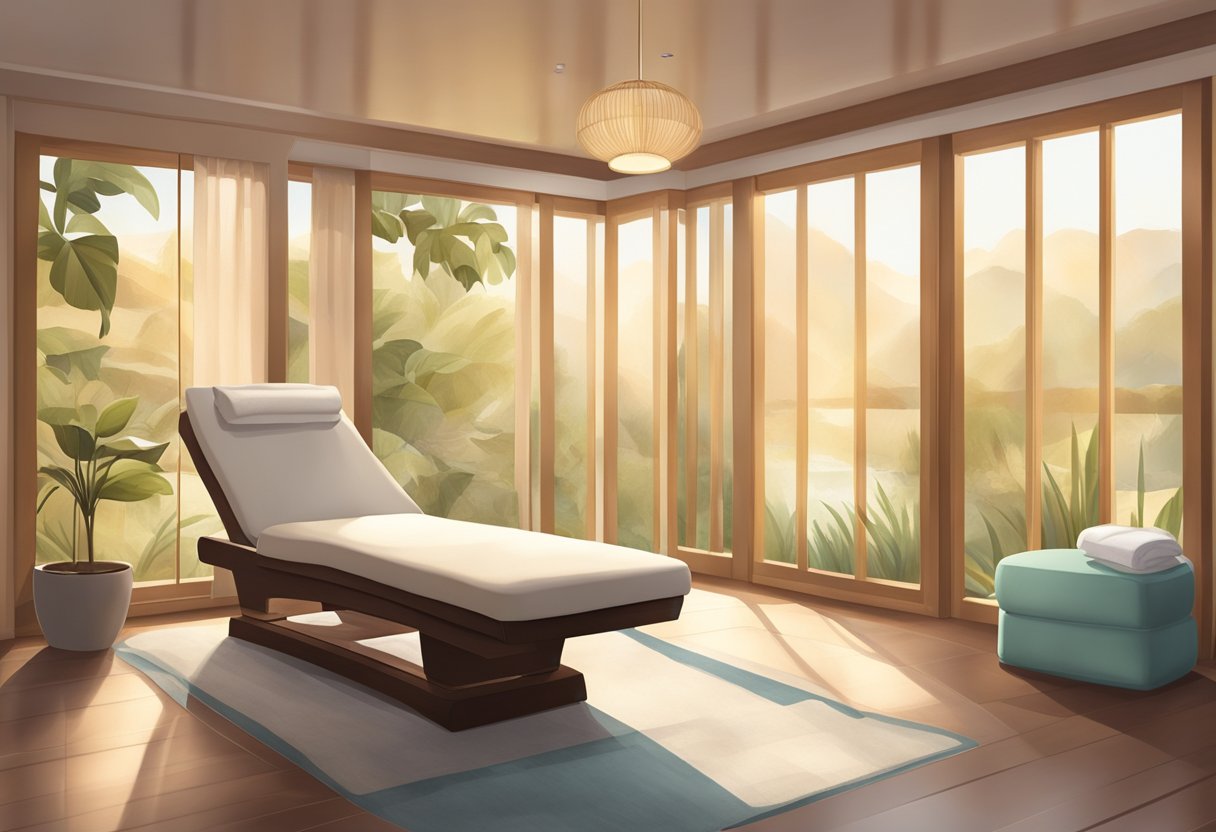 A serene, softly lit spa room with a comfortable treatment chair and a gentle, soothing atmosphere