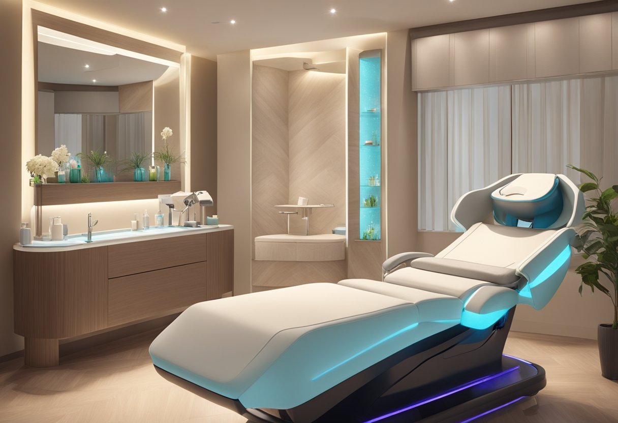 A serene spa room with a comfortable treatment chair and soft lighting. A skincare professional performs a HydraFacial on a client with sensitive skin, using gentle, soothing techniques