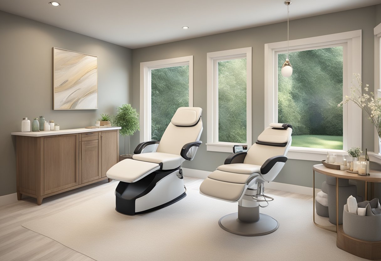 A serene, spa-like setting with a reclining treatment chair and a soothing, neutral color palette. A gentle, non-invasive HydraFacial machine is positioned nearby